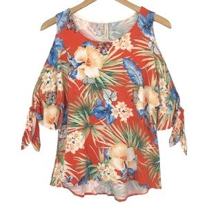 Gilli Cold Shoulder Tie Sleeves Blouse Top Size S Small Tropical Made In USA